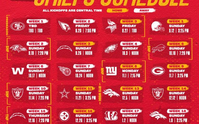 Chiefs Schedule Released; Includes 5 Prime Time Games